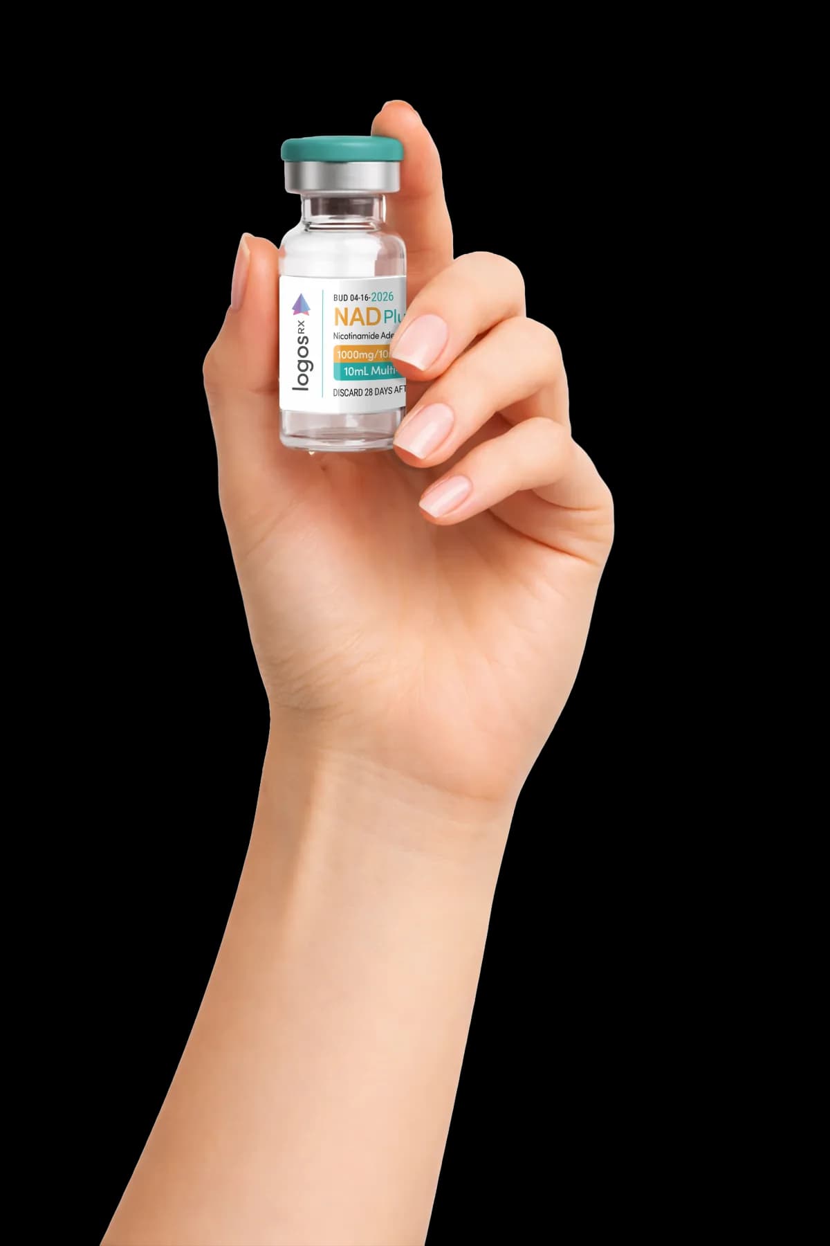 Hand holding a Logos RX NAD+ vial