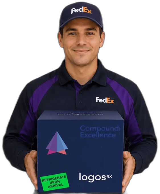 FedEx courier holding a LogosRx delivery box