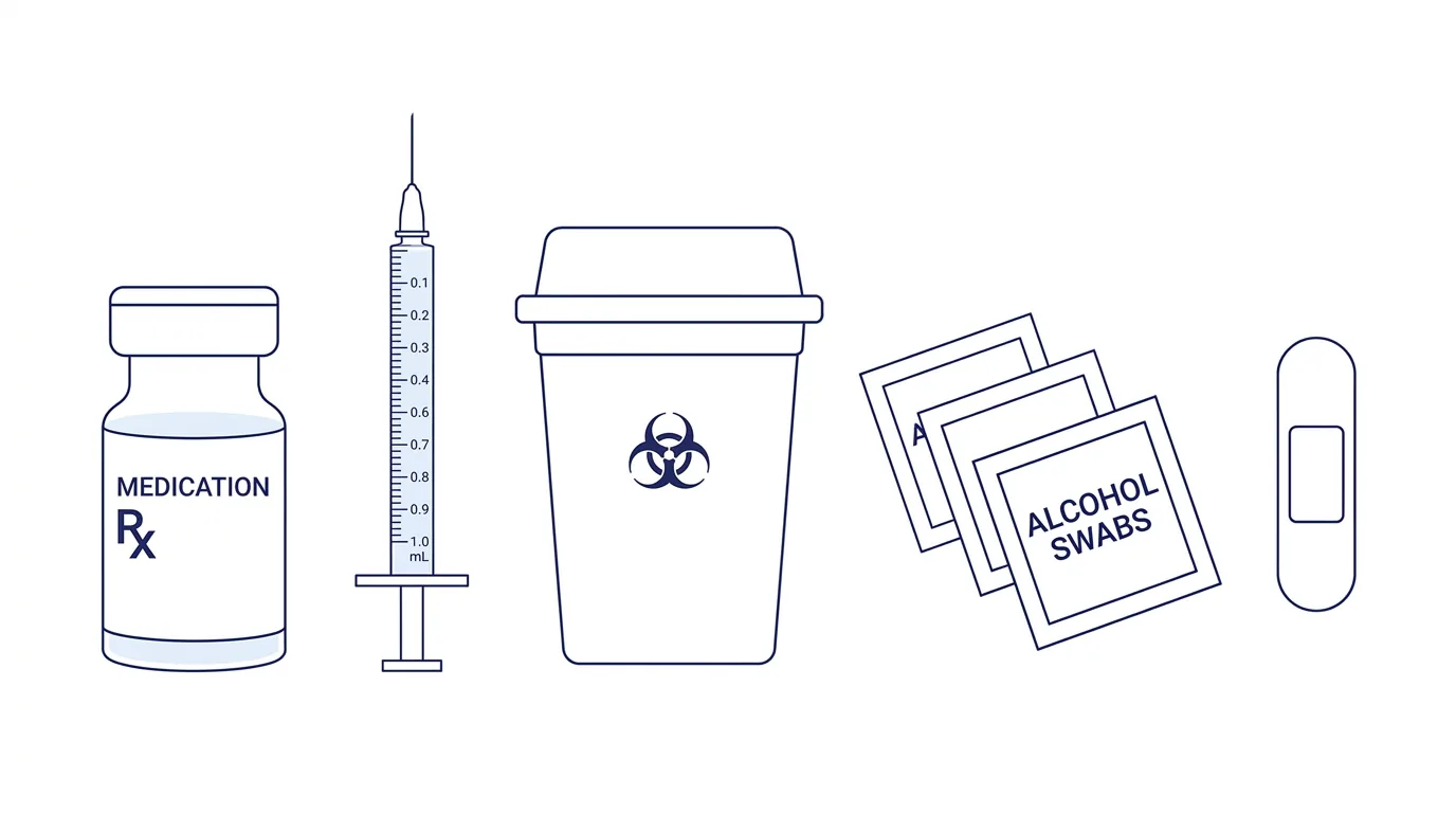 Figure 1: Required supplies for injectable medication including pre-mixed medication vial, syringe, sharps container, alcohol swabs, and adhesive bandage