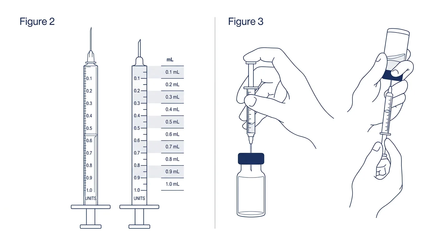 Figure 2: Syringe with measurement markings and technique for drawing medication from an inverted vial