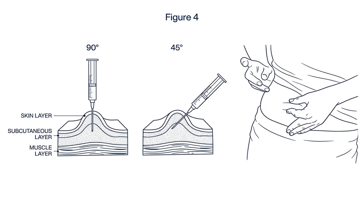 Figure 4: Injection technique showing 90-degree and 45-degree needle angles with skin cross-section showing subcutaneous and muscle layers