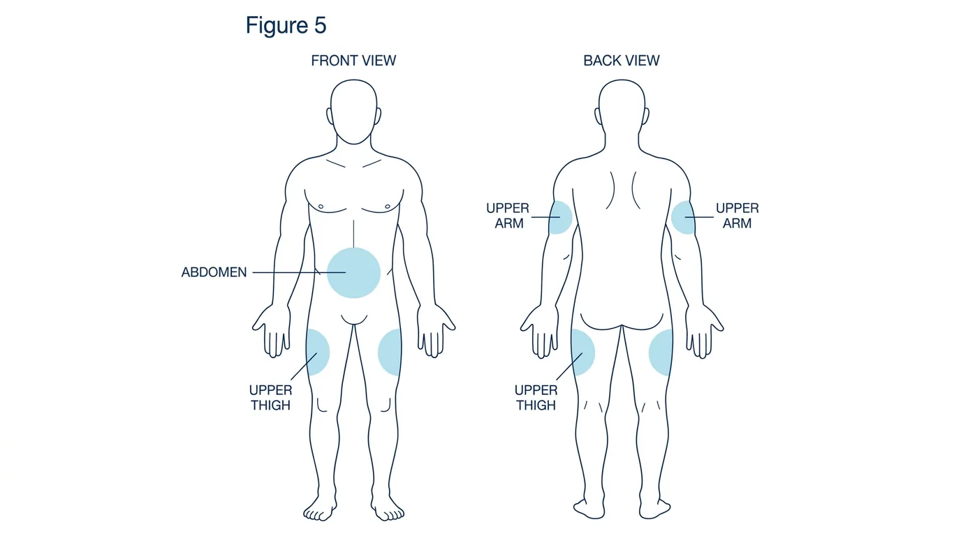 Figure 5: Subcutaneous injection sites showing abdomen, upper thigh, and upper arm on front and back body views