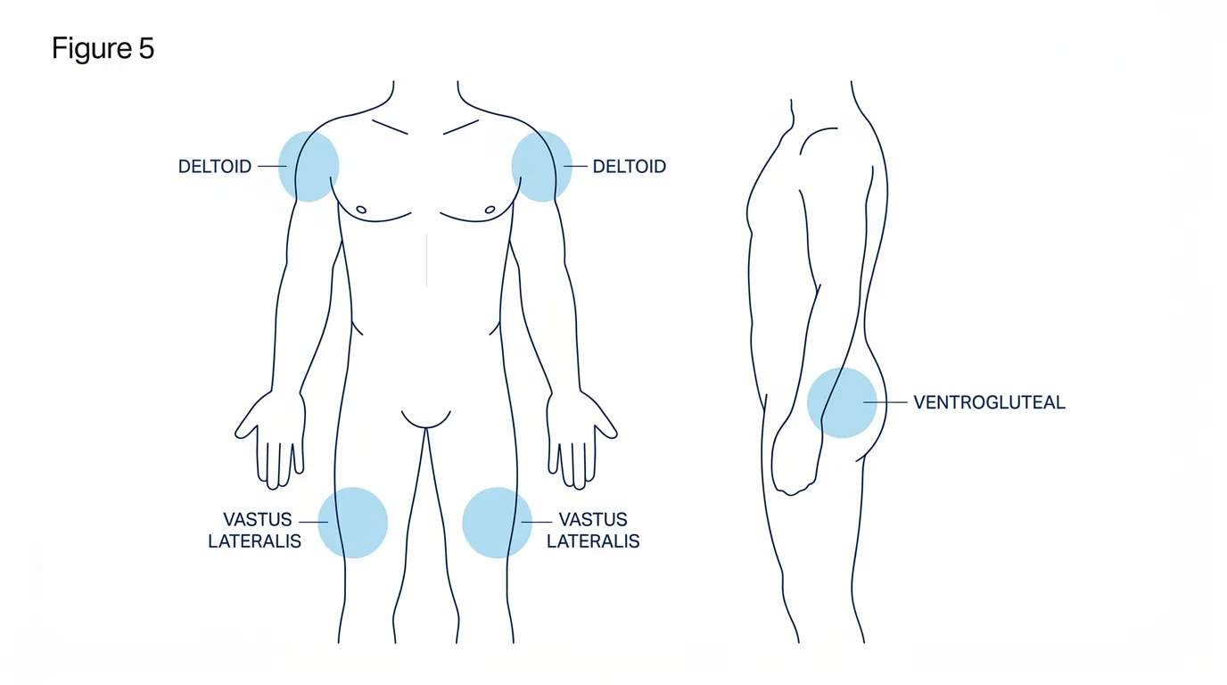 Figure 5: Intramuscular injection sites showing deltoid, vastus lateralis, and ventrogluteal on front and side body views