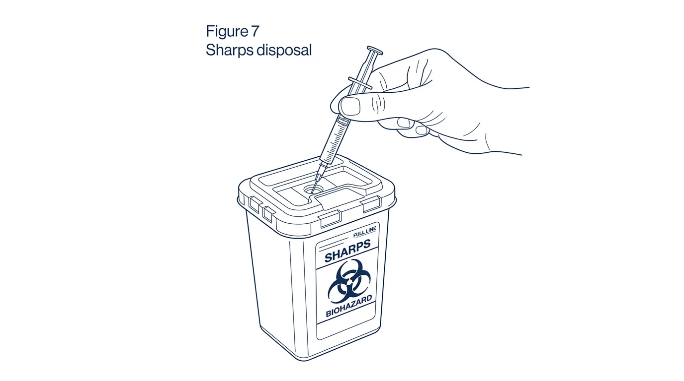 Figure 7: Proper sharps disposal technique showing hand dropping used syringe into biohazard sharps container